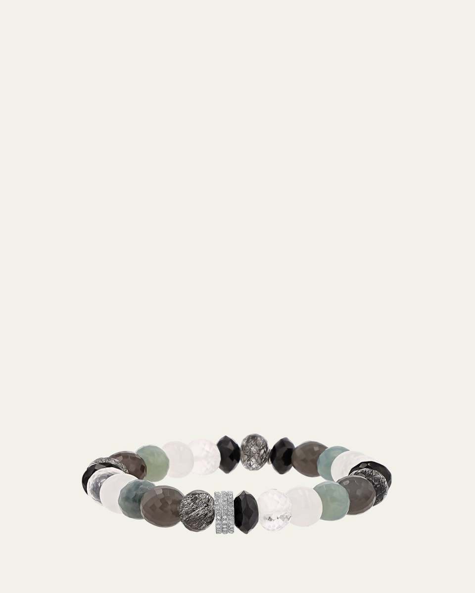 Grey Mix 10mm Bead Bracelet with 3 Pave Diamond Rondelles